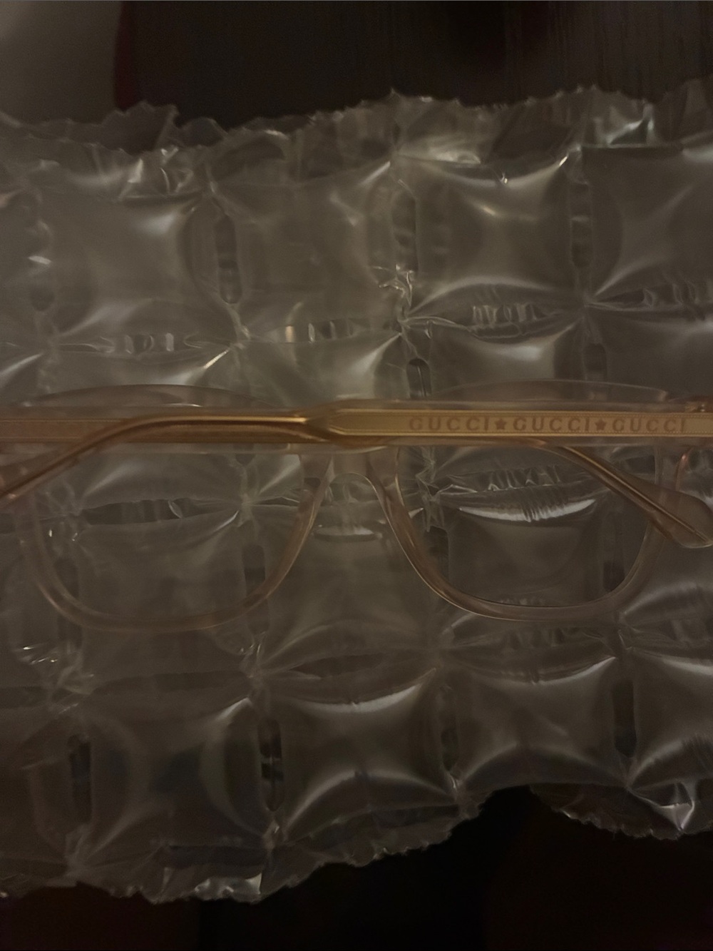 Gucci Translucent Peach Rectangular Glasses with Logo Temple